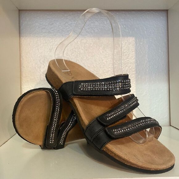 Vionic Afton Black Leather Rhinestones Adjustable Straps ComfortSlip On Sandals - Picture 1 of 11